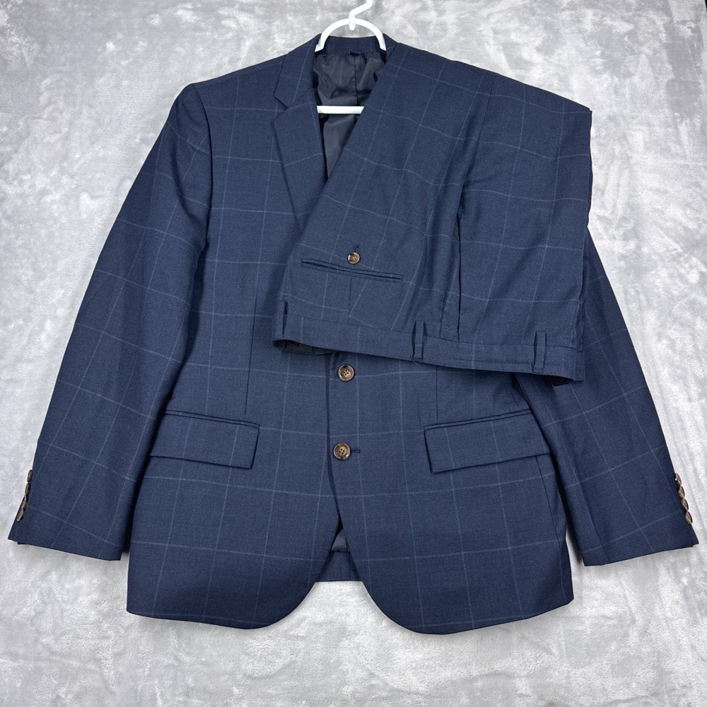 J.CREW Thompson Slim Fit Suit Mens 40S 34x30 (35x27) Navy Blue Windowpane Wool